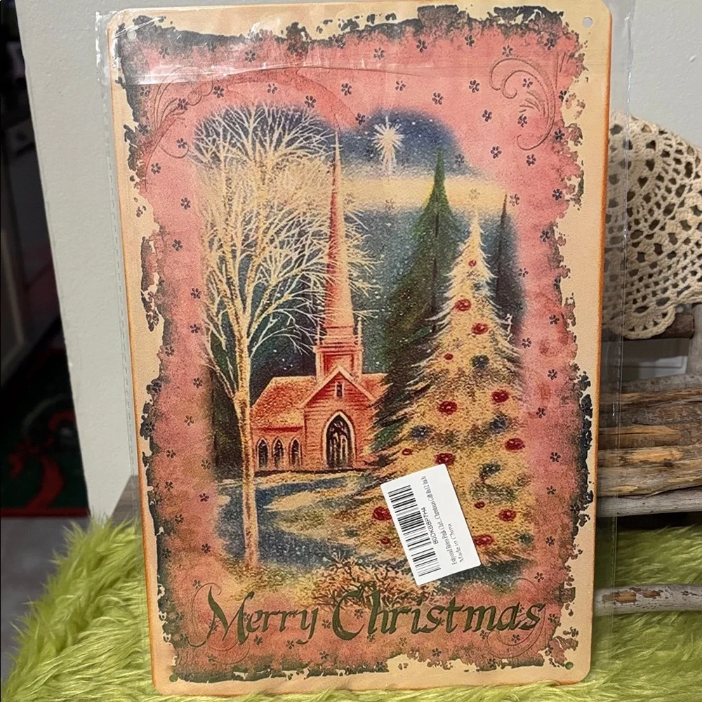 NEW Vintage Inspired Merry Christmas Tree Church Pink Metal Tin Sign 8 x 12